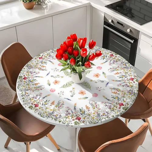Vista 2 de Mantel redondo ajustable con flores silvestres botánicas, manteles elásticos impermeables para interiores y exteriores, mantel elástico para cena
