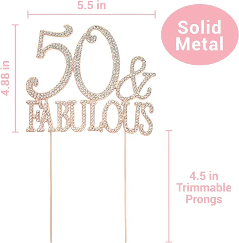 Vista 4 de Decoración de 50 tartas – Metal de oro rosa de alta calidad – 50 y fabuloso – Decoración brillante de diamantes de imitación para fiesta