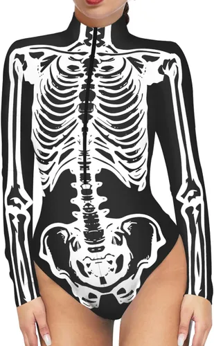 Vista 9 de Enterizo de esqueleto para mujer, con cremallera, traje sexy de una pieza para Halloween Esqueleto 3D