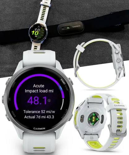 Vista 4 de Garmin Forerunner 955, reloj inteligente para correr con GPS, adaptado a triatletas, batería de larga duración, Whitestone con auriculares blancos