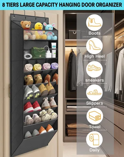 Vista 3 de Organizador de almacenamiento de zapatos sobre la puerta, zapatero colgante de 8 niveles detrás de la puerta con 6 bolsillos grandes y profundos, 8