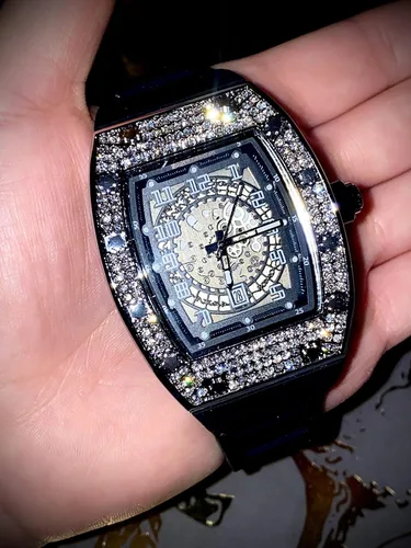 Vista 7 de Reloj de pulsera cuadrado de moda para hombre, con esfera rectangular numérica plateada, banda negra, de lujo, circonita cúbica, con diamantes