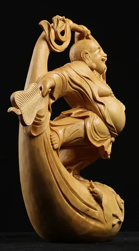 Vista 5 de Estatua de Buda Maitreya Maitreya tallada a mano de boj natural (ventilador de bolsa de tela)