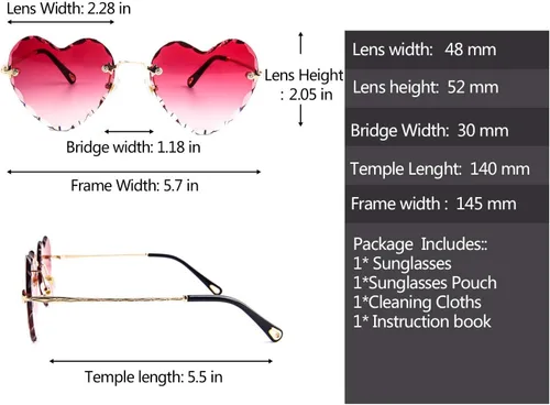 Vista 5 de Dollger Lentes de sol con forma de corazón, con marco de metal fino, sin marco, con forma de corazón, con protección UV400 para mujer