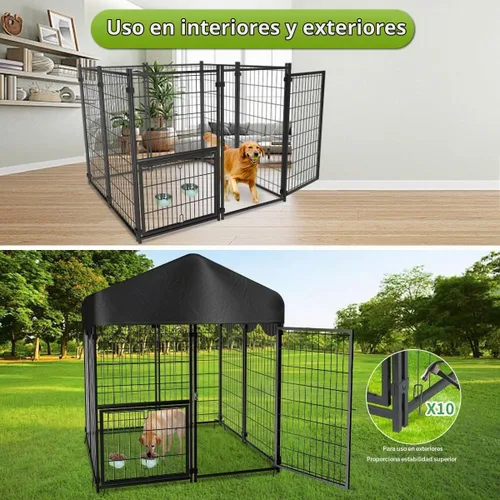 Vista 7 de Perrera resistente para perros al aire libre, perreras cubiertas exteriores con techo, 4 x 4.2 x 4.5 pies, puerta de comedero ajustable para perros