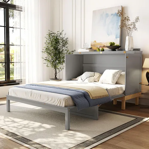 Vista 3 de Cama Murphy de tamaño Queen, cama de madera con patas, gris
