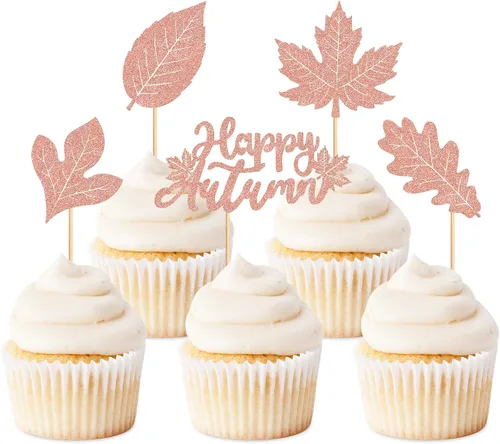Vista 9 de Ercadio Paquete de 30 adornos para cupcakes con hojas de arce de otoño, purpurina dorada, hojas de arce de otoño, cosecha de otoño, temática de A-Oro