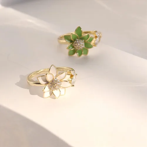 Vista 6 de Sonateomber Anillo de oro abierto ajustable con flores de primavera para mujer, moderno y elegante, con circonita cúbica única esmaltada frontal