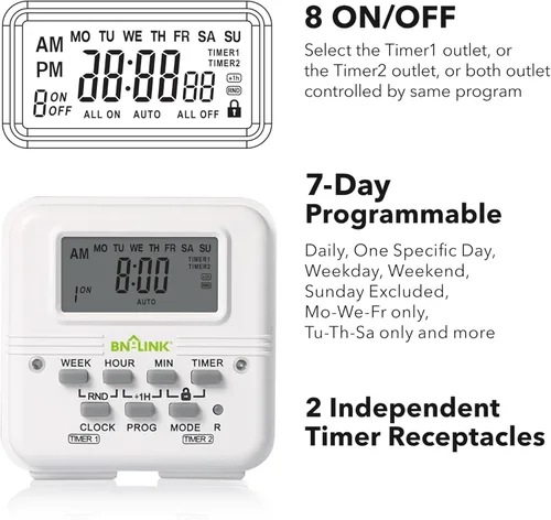 Vista 3 de BN-LINK Temporizador de luz digital para interiores, enchufe programable de 7 días con 2 salidas independientes de 3 clavijas, para lámparas