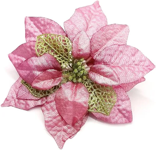 Vista 17 de YYCRAFT 12 flores artificiales de seda brillante con purpurina para decoración de árbol de Navidad (plata, 8 pulgadas)