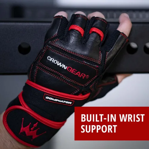 Vista 6 de Guantes de levantamiento de pesas para gimnasio, fitness, fisicoculturismo, guantes de entrenamiento cruzado de cuero Dominator Crossfit, con correa