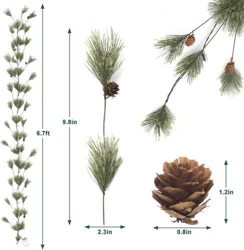 Vista 6 de Guirnalda de Navidad rústica de 6.4 pies con luz, preiluminada para exteriores con agujas de pino y piñas para chimenea, puerta, porche, repisa