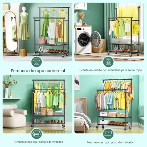 Vista 7 de Perchero de doble barra para colgar ropa, perchero de ropa resistente con ruedas, percheros de ropa independientes con estante inferior Oxford