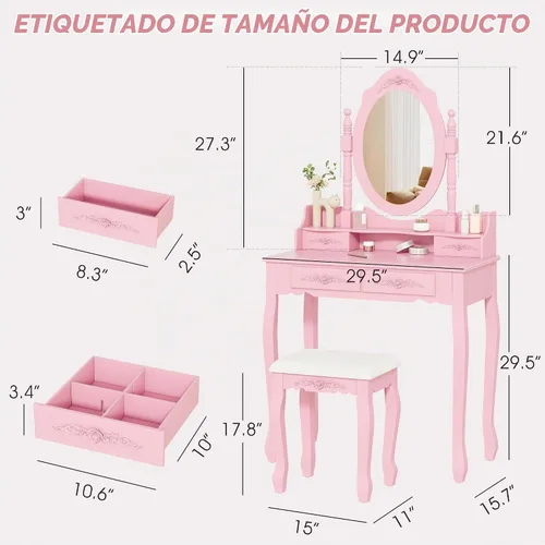 Vista 8 de Alohappy - Juego de mesa de maquillaje con espejo y taburete para niñas, mesa de maquillaje y taburete acolchado con 4 cajones, tocador de madera