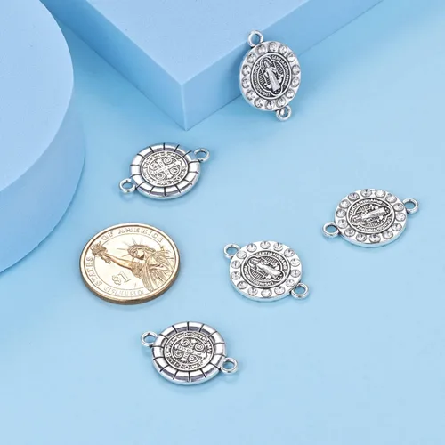 Vista 7 de 20 piezas de diamantes de imitación de plata antigua para uso religioso de San Benito Medallón de Pulsera Conector de Cuentas Redondas de Enlace