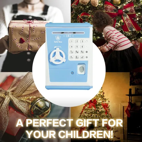 Vista 5 de LIKE Alcancía de Juguete Caja Fuerte con Huella Dactilar Cajero Automático Banco Máquina de Dinero y Monedas Caja de Ahorros para Niños Azul