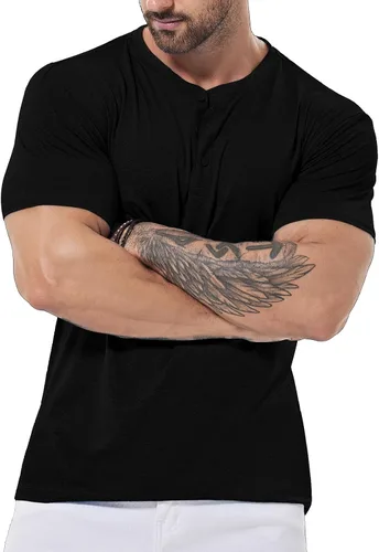 Vista 3 de Camiseta Henley para hombre, de 3 botones, ajustada, de secado rápido, manga larga, ligera, casual, básica