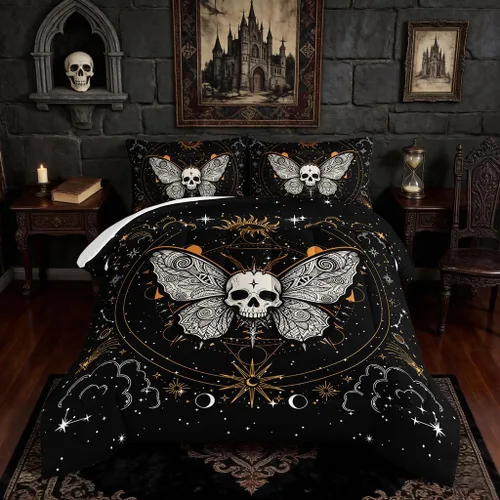 Vista 58 de HOSIMA Juego de edredón de decoración gótica, patrón de calaveras de polilla de la muerte, juego de cama de Halloween tamaño Queen para decoración