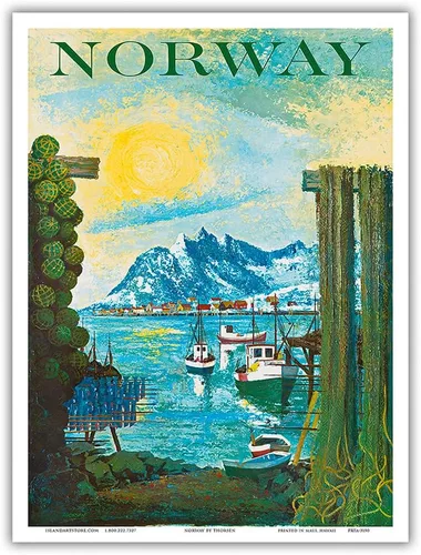Vista 9 de Norway - Scandinavia - Boats in Fishing Village - Vintage Travel Poster by Lars Thorsen c.1940s - Master Art Print (Unframed) 6in x 9in