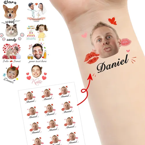 Vista 10 de Tatuajes personalizados temporales personalizados temporales con nombre, logotipo, foto facial para adultos, boda, cumpleaños, San Valentín