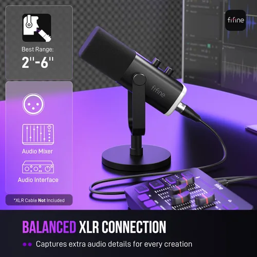 Vista 3 de FIFINE Juego de equipos de transmisión de juegos con mezclador, micrófono dinámico, cable XLR para grabación de podcasts, micrófono vocal XLR/USB