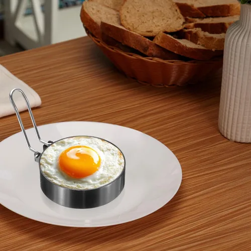 Vista 7 de HARFINGTON 2 anillos de huevo de 3.5 pulgadas de acero inoxidable antiadherente para panqueques con mango de silicona para freír huevos, sándwich