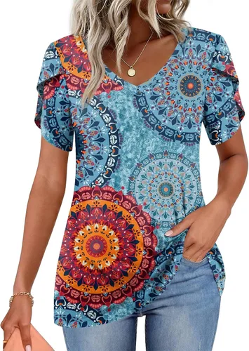 Vista 15 de CATHY 2025 - Blusas de verano para mujer, con mangas cortas, cuello en V, estilo túnica, tallas S-4XL Talla B