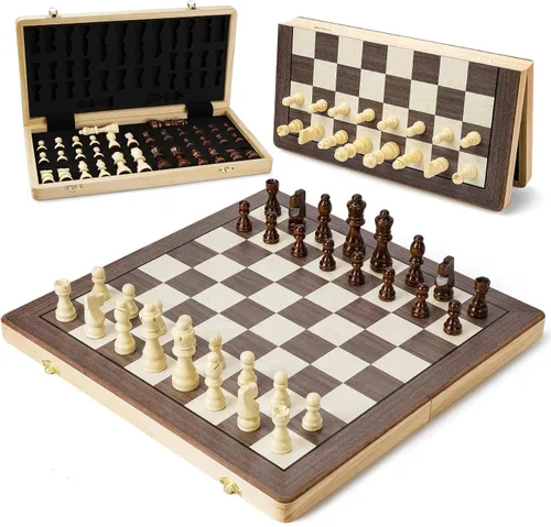 Vista 7 de Juegos de ajedrez magnéticos para niños y adultos, tablero de ajedrez de madera de 15 pulgadas con piezas, juego de ajedrez portátil de viaje