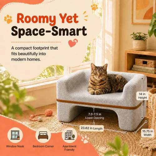 Vista 8 de Cama grande para gatos de interior, cama cueva para gatos de 2 niveles con salón superior y escondite inferior, sofá lavable de fieltro PET