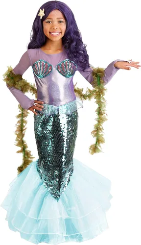 Vista 2 de Girl's Pretty Purple Mermaid Costume Fairytale Princess Dress with Sequined Seashell and Scale Details