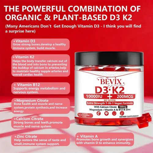 Vista 5 de Gomitas de vitamina D3 K2, sin azúcar, veganas, extra fuertes, con calcio y magnesio y zinc, para apoyo inmunológico, dientes óseos, salud
