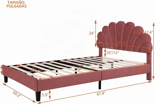 Vista 2 de Harper & Bright Designs - Base de cama tapizada de tamaño Queen, plataforma de terciopelo de madera con cabecero con patrón de flores