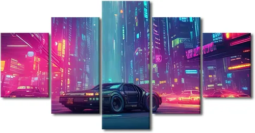 Vista 71 de Póster de 5 paneles en lienzo para decoración de pared, diseño de centro urbano Cyberpunk, impresión moderna, decoración de pared para el hogar