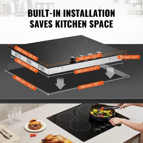 Vista 3 de VEVOR Placa de cocina eléctrica de cerámica, estufa eléctrica empotrada, con panel de vidrio, control de perilla, 11 niveles de calor, para diversos