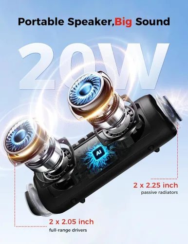 Vista 2 de Altavoz Bluetooth, sonido HD de 20 W, inalámbrico portátil, IPX5 impermeable, hasta 24 horas de reproducción, emparejamiento TWS, para hogar
