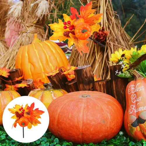 Vista 5 de PRETYZOOM 2 piezas de hojas de arce artificiales, ramas de calabaza de Halloween, cosecha, tallos de otoño con bayas, relleno de jarrones de piña