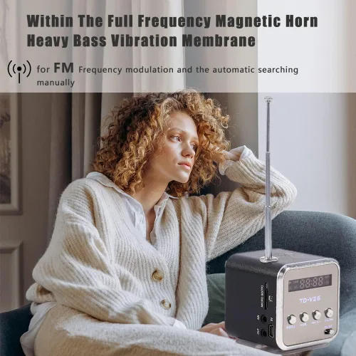 Vista 3 de Mini altavoz portátil reproductor de música, radio FM, altavoz estéreo, soporte para tarjeta TF y disco U, diseño breve, mini altavoz perfecto