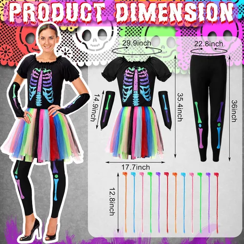 Vista 3 de 17 piezas de disfraces de huesos punk funk, vestido de tutú colorido de esqueleto, disfraz de esqueleto arco iris, camiseta de hueso, pantalones