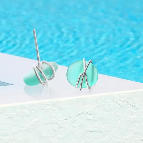 Vista 4 de Sea Glass Earrings S925 Sterling Silver Hypoallergenic Handmade Stud Post Earrings Beach Glass Fashion Handcraft Jewelry earrings stud earrings from