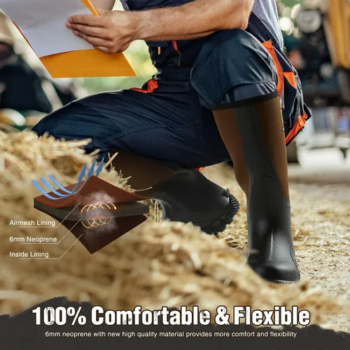 Vista 3 de TIDEWE Botas de goma para hombres, multitemporada, botas de lluvia impermeables con vástago de acero, botas de caza de goma duradera de neopreno