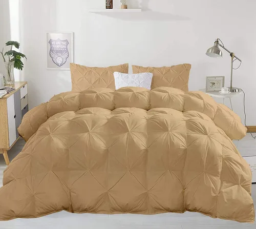 Vista 22 de Lujoso juego de funda de edredón plisada de 5 piezas de color dorado ámbar suave (funda de edredón + 4 fundas de almohada), relleno de edredón