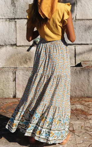 Vista 4 de ZESICA - Falda larga, estilo bohemio, estampado floral, acampanada, con cintura elástica y bolsillos