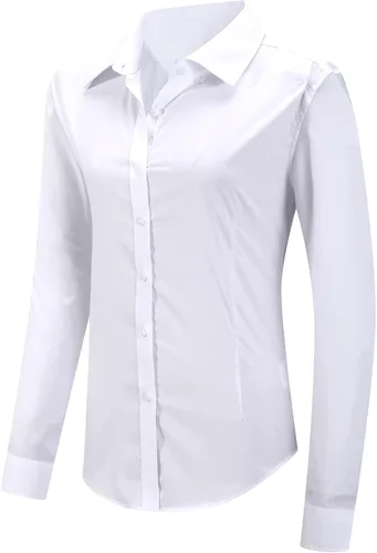 Vista 9 de MGWDT Camisa de trabajo con botones para mujer, ajustada, resistente a las arrugas, manga larga/corta, elástica, ligera