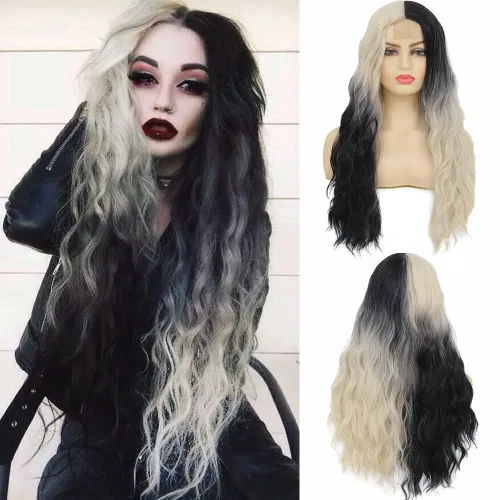 Vista 8 de Swiking Pelucas largas de color verde y negro para mujer, pelucas de cabello ondulado natural ombré verde sintético de fibra suave para fiesta