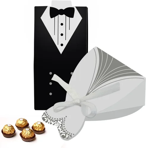 Vista 3 de cnomg 100 piezas de vestido de recuerdo de boda y esmoquin novia y caja de dulces al por mayor, caja de regalo creativa para vestido con lazo