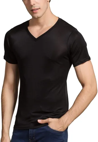Vista 2 de Grenasasilk Camisetas de seda de morera para hombre, de manga corta, de seda pura, transpirable, con cuello en V