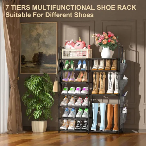 Vista 6 de Kottwca - Zapatero de 7 niveles de metal para entrada y armario, con capacidad para 24-28 pares, estante apilable para zapatos y botas con ganchos