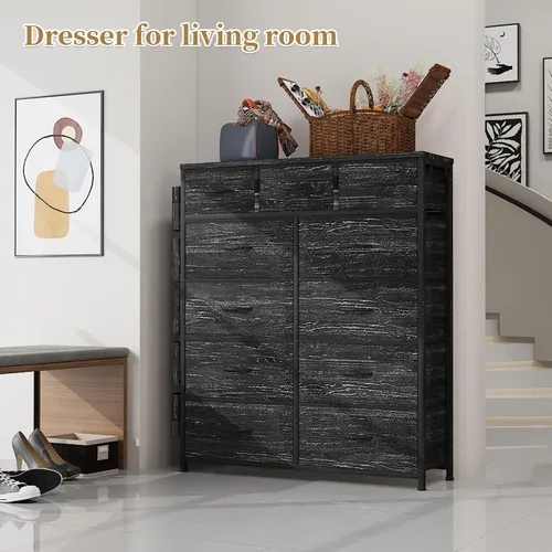 Vista 21 de Cómoda de almacenamiento de tela con 11 cajones para organización del dormitorio, cómoda con estantes profundos, bolsillos laterales y ganchos, Negro