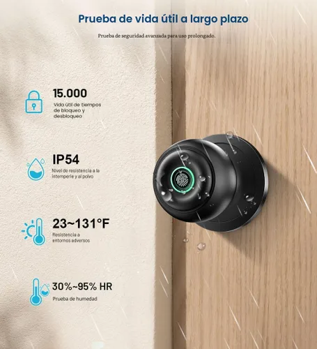 Vista 3 de Cerradura de puerta por huella dactilar, perilla de puerta inteligente con cerradura, perilla de puerta biométrica con aplicación y llave, cerradura