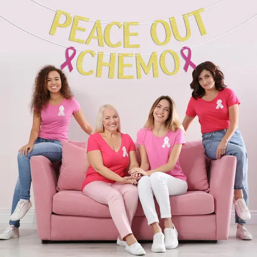 Vista 6 de Cartel de quimioterapia, decoraciones de fiesta de sobrevivientes de cáncer con purpurina dorada, sin cáncer, quimioterapia, pancarta